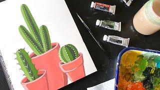 Gouache Painting Three Potted Cacti | Satisfying Art