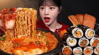 Spicy Ramyeon and Mini Gimbap with Grilled Ham Mukbang ASMR