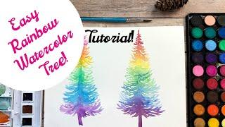 Easy rainbow watercolor tree tutorial for beginners