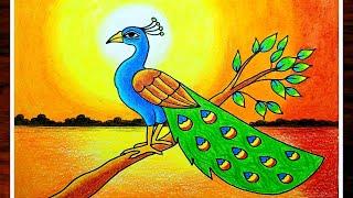 How To Draw A Peacock Scenery|Peacock Drawing|Easy Peacock Scenery Drawing For Beginners