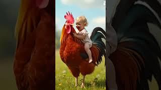 Beautiful baby sitting on rooster  #animals #birds #cartoon #Ai_animals #baby #funny