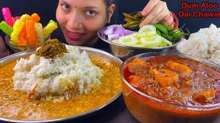 Eating Spicy Dal Chawal, Dum Aloo, Mirchi Ka Acchar || Indian Street Food Eating Show| Asmr Show