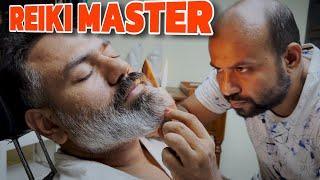 Reiki master head massage with  fire trimming to remove unshaped beard hairs Asmr Indian Barber