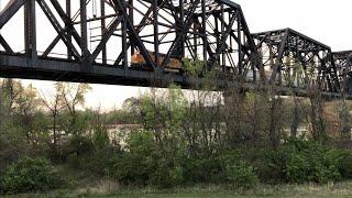 Gigantic Railroad Trestle Over Ohio River At Kenova West Virginia, Train With DPU, BNSF Locomotives!