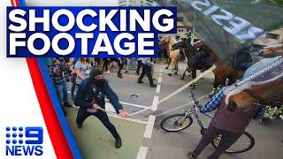 Ex-bikie bashes police horse, injures officer at Melbourne protests | 9 News Australia