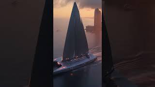 a sleek electric catamaran with solar-wing sails