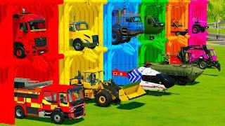 TRANSPORTING FIRE TRUCK, WHEEL LOADER, HELICOPTER & TANK WITH BIG TRUCKS! Farming Simulator 22