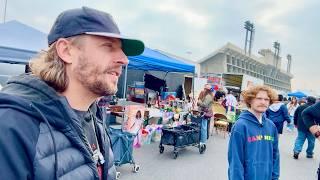 Two white guys try making deals at a swap meet