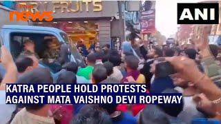 People protest against the Mata Vaishno Devi ropeway project, in Katra, Jammu and Kashmir