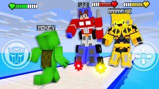 JJ and Mikey TRANSFORMERS Game with Banana Kid - Optimus vs Bumblebee - Maizen Minecraft Animation