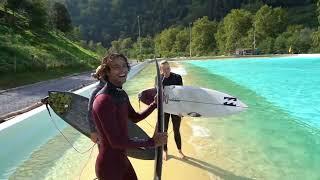 Noah Beschen, Coco Ho, Eithan Osborne and Mateus Herdy checking out the new Wavegarden Lab.