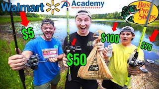 Walmart vs Bass Pro Shops vs Academy $100 BUDGET Fishing Challenge (Rod, Reel, Lures!)