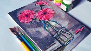 Pink Daisies in Glass Vase Painting || Flower Vase Acrylic Painting Step by Step 