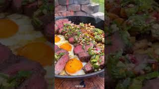 Steak and Eggs with Charred Scallion Chimichurri Recipe | Over The Fire Cooking by Derek Wolf