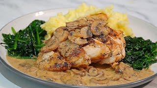 EASY Creamy Mushroom Chicken with Mashed Potatoes & Spinach