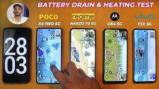 Poco X6 Neo 5g vs Realme Narzo 70 5g vs Moto G64 5g vs Vivo T3x 5g : Battery Test.