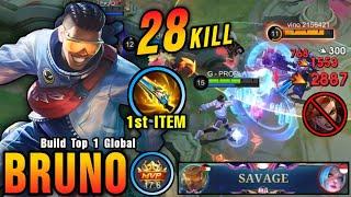 28 Kills + SAVAGE!! New META Bruno 1st Item Malefic Gun!! - Build Top 1 Global Bruno ~ MLBB