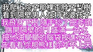 我爬上院子那棵歪脖子梨樹，看到隔壁男人在打老婆孩子，我飛身下樹，隨手抄了把斧頭，踹開隔壁的門，盛滿一盆水，把他油膩膩的腦袋，按進水盆，先看看你那熊樣，你咋不上天【幸福人生】#為人處世#生活經驗