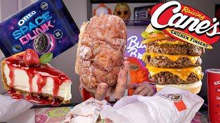 GIANT APPLE FRITTER, RAISING CANES, SMASHED BURGER & MORE ASMR MUKBANG CHEAT DAY! 