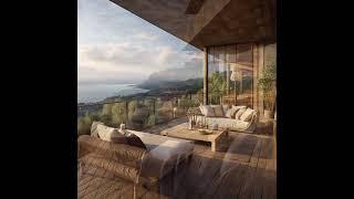 Terraces with lounge areas in modern wooden houses on the cliffs