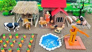 DIY making mini Farm Diorama with House for Cow, Pig - Mini Hand Pump Supply Water for Animal