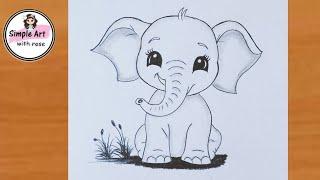 How to draw a cute baby Elephant | Elephant drawing easy | pencil drawing | simple art with rose