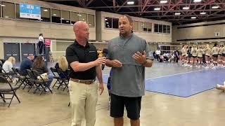 Henderson State coach Phil McDaniel stops by during the AVCA Tournament