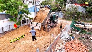 Perfect First Start Newly Project Land Fill Up New Building By Bulldozer Push Soils & Dump Truck