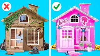 BARBIE MAKEOVER HACKS || Rich VS Broke Crafts & Awesome DIY Cardboard Re-Use by 123GO! CHALLENGE