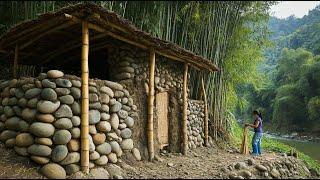 Building a Hidden Shelter by the Riverside  Bamboo Roof and Fireplace & Bushcraft Cooking