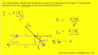 Two equal positive charges are at opposite corners of a trapezoid