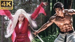 Muscular man looks down on beautiful woman, she is a kung fu master and stabs him to death