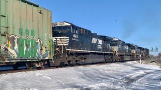 Train Horn Salute In Snow!  Coal Train With DPU Crosses Mill Creek Bridge, 4 Locomotive Intermodal