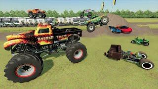 Stuntman jumps Monster Truck over campers and race cars | Farming Simulator 22