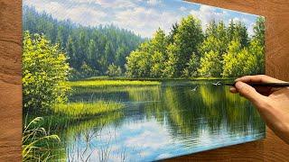 How to draw a clear blue lake surface/ Acrylic painting / Beautiful landscape painting / A Lu Art.