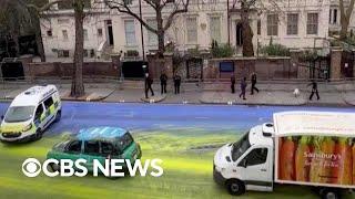 Giant Ukrainian flag painted in front of Russian embassy in London