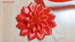 Kanzashi ribbon flower tutorial/Satin ribbon craft/Ribbon flowers easy/Diy flower making