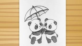 How to Draw Two Cute Panda with Umbrella - pencil sketch / Panda drawing tutorial easy / How to draw