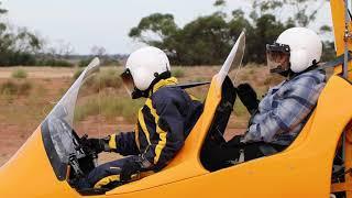 Setting off in the yellow ELA 07-Cougar gyroplane, Rollo's Airfield, Pallamana, South Australia