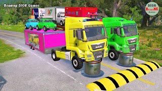 Double Flatbed Trailer Truck vs speed bumps|Busses vs speed bumps|Beamng Drive|1017