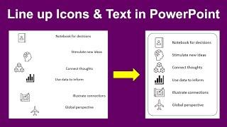 Arrange icons/images and related text neatly on a PowerPoint slide; Step-by-step tutorial