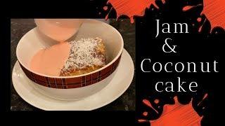 Old school jam & coconut cake & pink custard :) Easy recipe