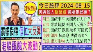 阿里 業績平平 仍有力升？/震幅指標大反彈  港股大波動？/京東 業績靚 美國大反彈/騰訊 跌到幾多 可撈底/美資殺入醫藥股 邊幾隻受惠/港鐵 領展 高息博得過？/2024-08-15