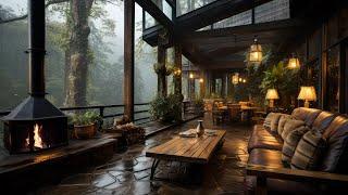 Soft Jazz Instrumental Background Music for Relief Stress, Relax - Forest Cabin Balcony on Rainy Day