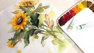 해바라기 쉽고 간단하게 그리기ㅣ한국화 동양화 수묵담채ㅣKorean  painting, Sunflower painting, Oriental painting