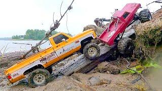 ️ Rainy RC Chaos! 1/18 Monster Trucks vs Slippery Riverbed! (Mud-Free Madness!)