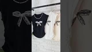쿠팡 반다리 - 진주목걸이 슬림 셔링 리본 나시 티셔츠 #반다리 #fashion #진주목걸이 #나시티셔츠