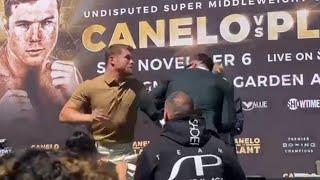 UNA GUERRA! CANELO & CALEB PLANT EXCHANGE PUNCHES DURING HEATED FACE OFF